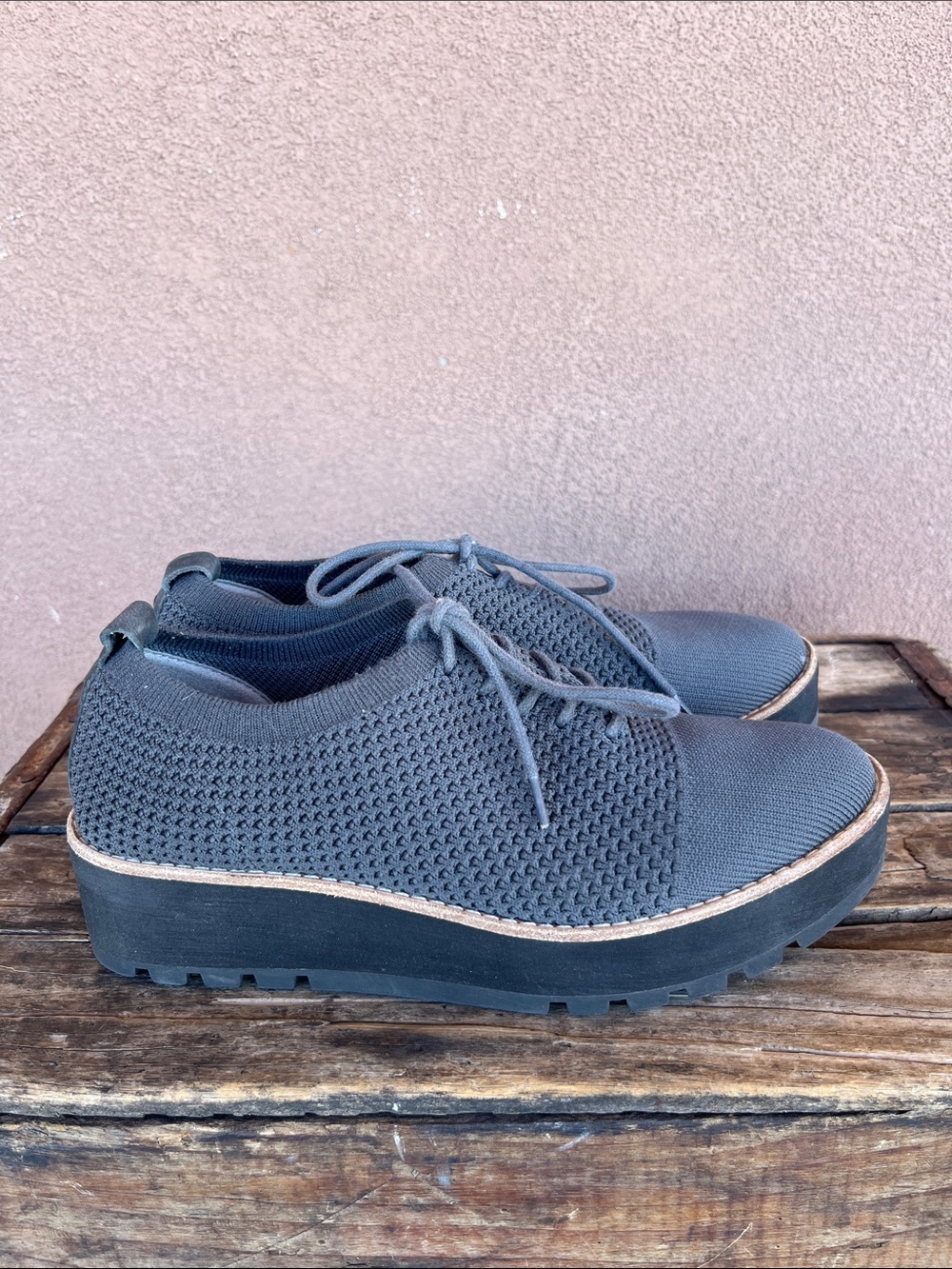 Eileen Fisher Eddy 2 stretch - knit platform oxford chunky black wedge sole